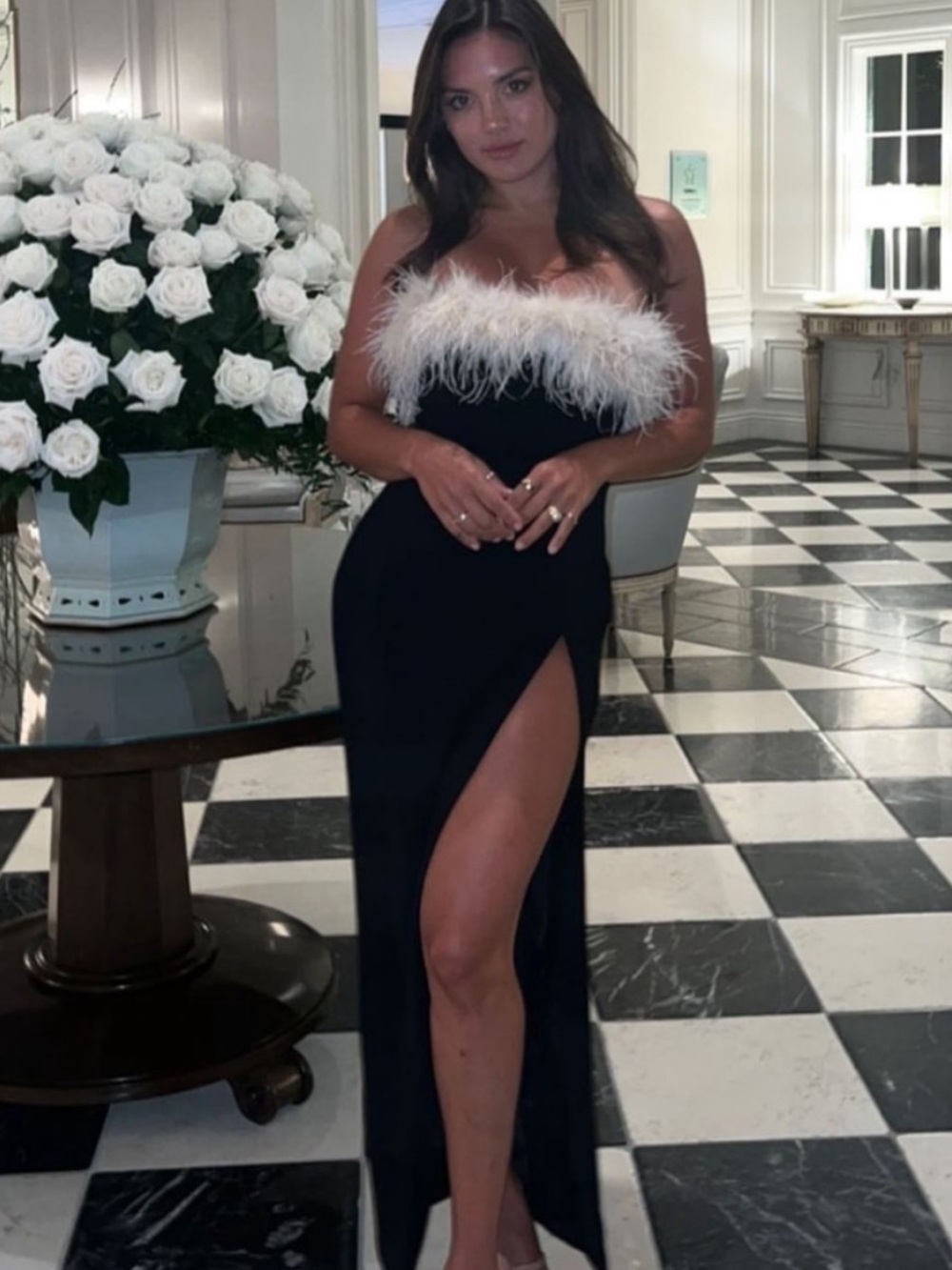 House of CB Sarai Strapless Feather Dress with Thigh Slit - Picture 1 of 11